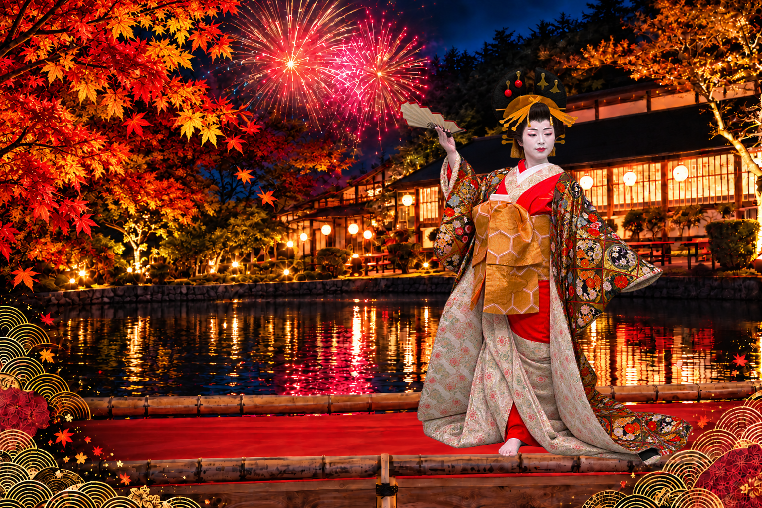 夜の江戸の町を彩る花火と花魁